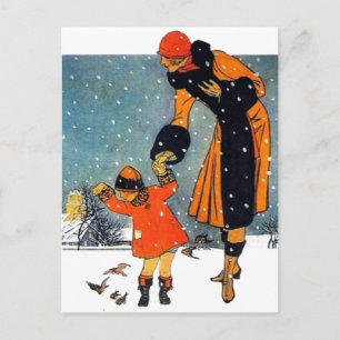 Carte Postale Nourrir les oiseaux dans la neige