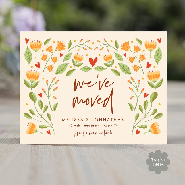 Carte Postale Nous avons déménagé, annonce de nouvelle maison d' (We've Moved, New Home Address Announcement Postcard in Wild Flowers Beige Autumn Greenery theme)