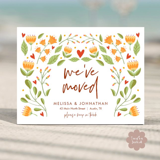 Carte Postale Nous avons déménagé, Automne Nouveau Faire-part (We've Moved, New Home Address Announcement Postcard in Wild Flowers Orange Greenery theme)