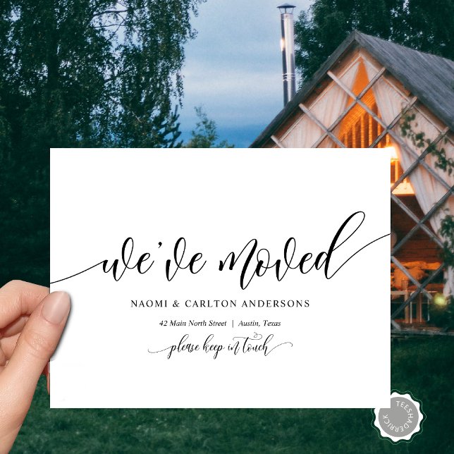 Carte Postale Nous Avons Déménagé, Nouveau Faire-part D'Adresse  (We Have Moved, New Home Address Announcement Postcard, Modern Minimal Calligraphy Themed)