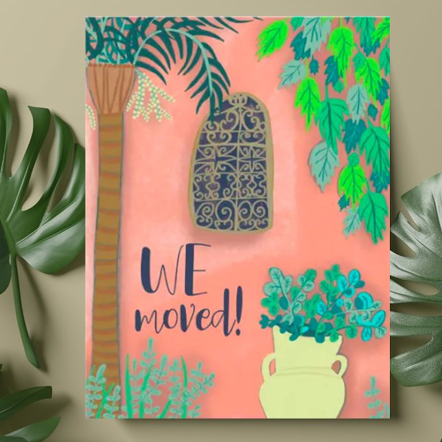 Carte Postale Nous Avons Déménagé Nouvelle Maison Jardin Rose Pa (Elegant illustration of a pink garden wall on customizable address change moving announcement card)