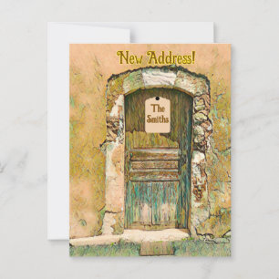CARTE POSTALE NOUS AVONS DÉMÉNAGÉ ! PORTE EN BOIS PEINTE RUSTIQU