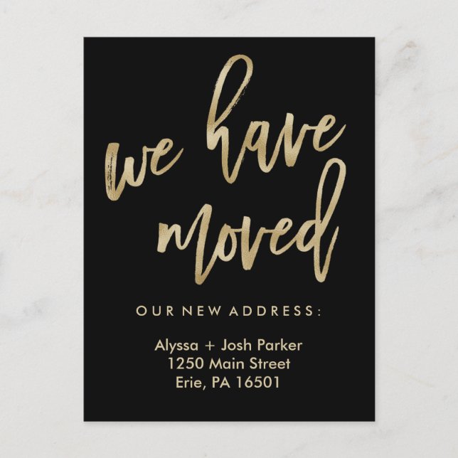 Carte Postale Nous avons déménagé | Typographie Moderne Faux Or (Devant)