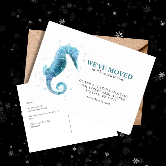 Carte Postale Nous avons déplacé de mignons Cheval de mer Faire- (Watercolor Sea Horse Moving Announcement Post Card)