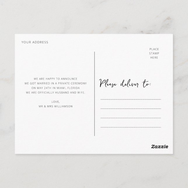 Carte Postale nous sommes partis en elopement calligraphie annon (Dos)