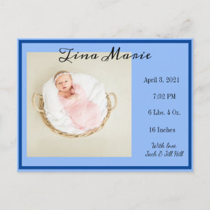 Carte Postale Nouveau bébé Faire-part de naissance photo bleue