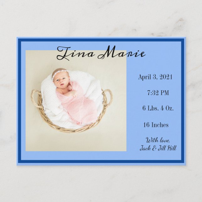 Carte Postale Nouveau bébé Faire-part de naissance photo bleue (Devant)