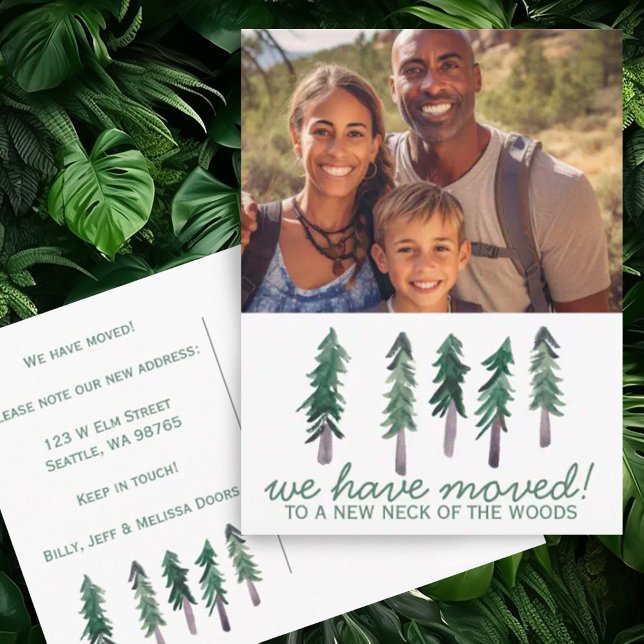 Carte Postale NOUVEAU COL NECK de BOIS Photo personnalisée Arbre (Custom moving announcement postcard - add your own photo.  We have moved to a new neck of the woods)