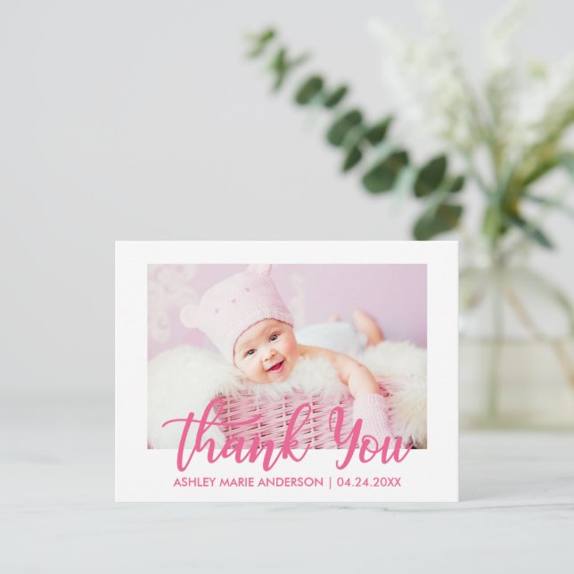 Carte Postale Nouveau Merci bébé moderne rose chaud (Debout devant)