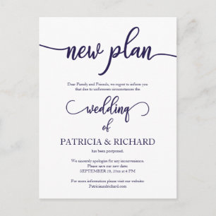 Carte Postale Nouveau plan report de mariage Navy Blue Script