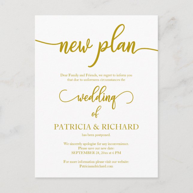 Carte Postale Nouveau plan Reporté Mariage Faire-part Or (Devant)