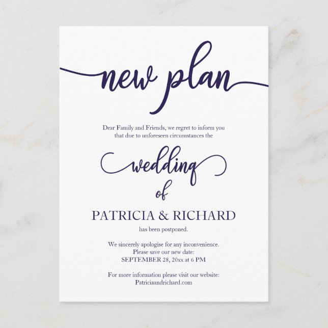 Carte Postale Nouveau plan Reporté Mariage Marine Script bleu (Devant)