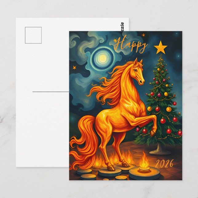 Carte Postale Nouvel An 2026 du Red Fire Horse chinois (Devant / Derrière)