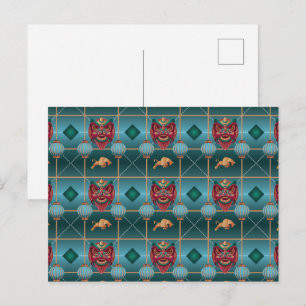 Carte Postale Nouvel An chinois du Bœuf - Motif de contrôle vert