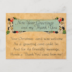 Carte Postale Nouvel An vintage et Merci