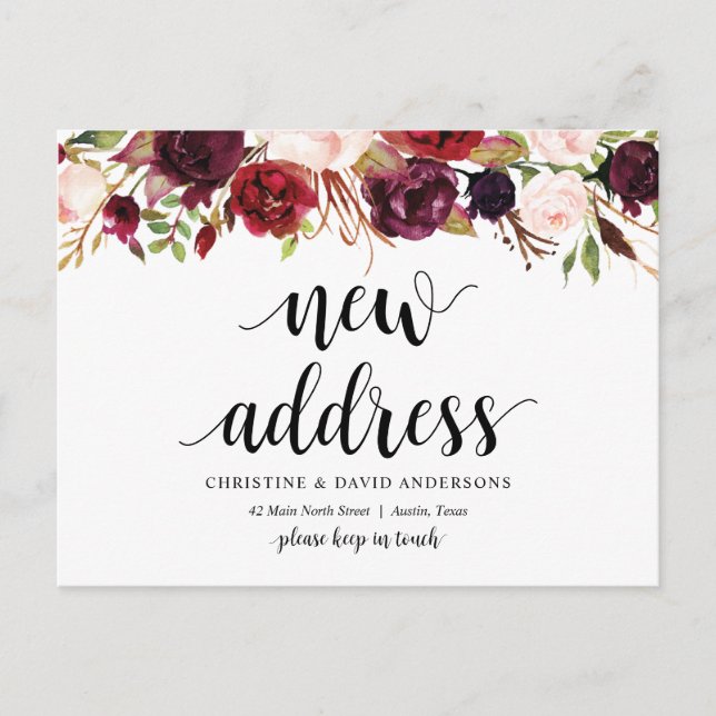 Carte Postale Nouvelle adresse, bordeaux floral, Faire-part (Devant)