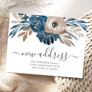 Carte Postale Nouvelle adresse Floral Bleu Marron Faire-part de