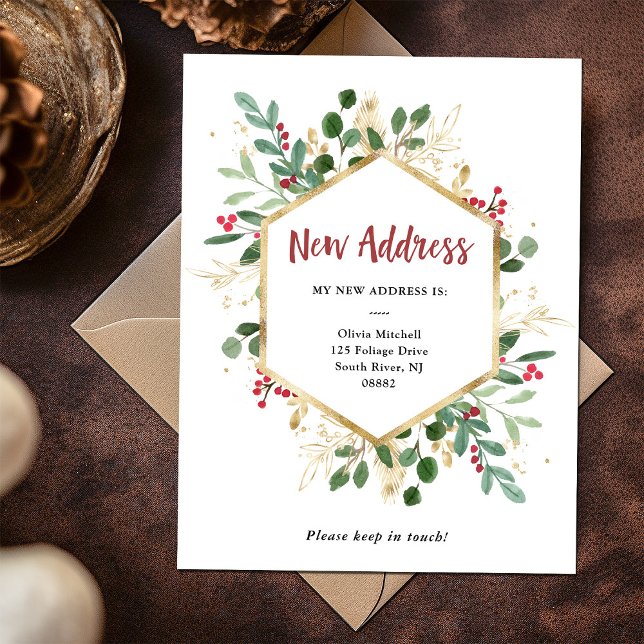 Carte Postale Nouvelle adresse | Noël Vert doré Blanc (Gilded greenery on white Christmas change of address postcard)