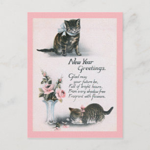 Carte Postale NOUVELLE ANNÉE ACCUEILLE LES chats et les fleurs