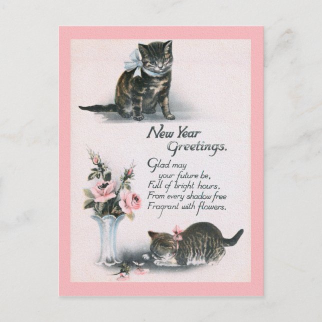 Carte Postale NOUVELLE ANNÉE ACCUEILLE LES chats et les fleurs (Devant)