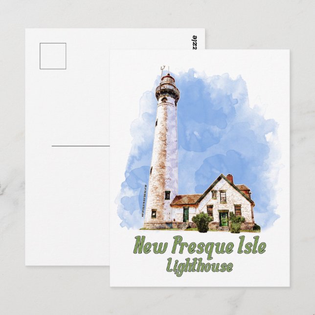 Carte Postale Nouvelle aquarelle du phare de Presque Isle - Mich (Devant / Derrière)