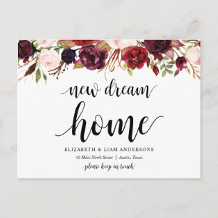 Carte Postale Nouvelle maison de rêve, floral bordeaux, Annonce