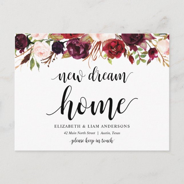Carte Postale Nouvelle maison de rêve, floral bordeaux, Annonce (Devant)