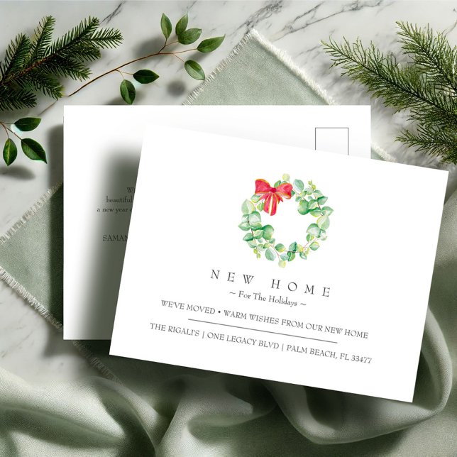 Carte Postale Nouvelle Maison Pour Les Fêtes Annonce De Changeme (Christmas moving announcement cards feature a watercolor wreath art by Victoria Grigaliunas )