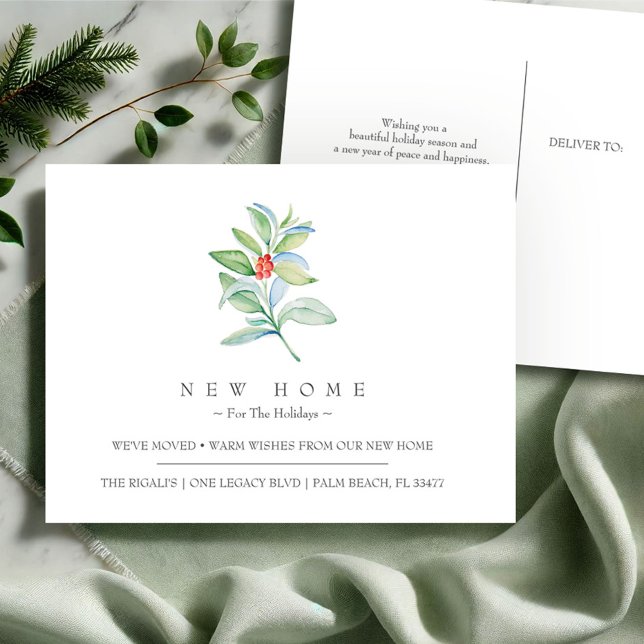 Carte Postale Nouvelle Maison Pour Les Vacances Faire-part En Mo (Christmas postcard new address moving announcement watercolor red and green botanical art VG Invites)