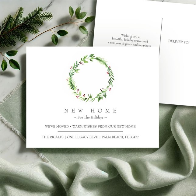 Carte Postale Nouvelle Maison Pour Les Vacances Faire-part En Mo (New address Christmas moving announcement a minimalistic watercolor wreath Victoria Grigaliunas)