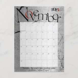 Carte Postale Novembre Gris Moderne Calendrier mensuel 2025