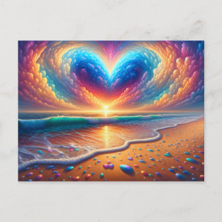 Carte Postale Nuage de coeur arc-en-ciel sur la plage