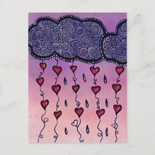 Carte Postale Nuages mignons, coeurs et gouttes de pluie