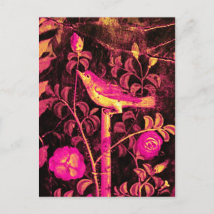 Carte Postale NUIT AVEC ROSES, Rose Fuchsia Noir Jaune