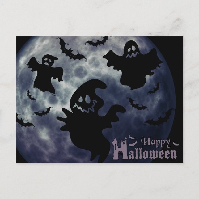 Carte Postale Nuit d'Halloween effrayante avec des fantômes (Devant)