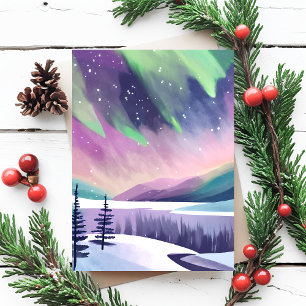 Carte Postale Nuit d'hiver colorée aux aurores boréales   Aquare