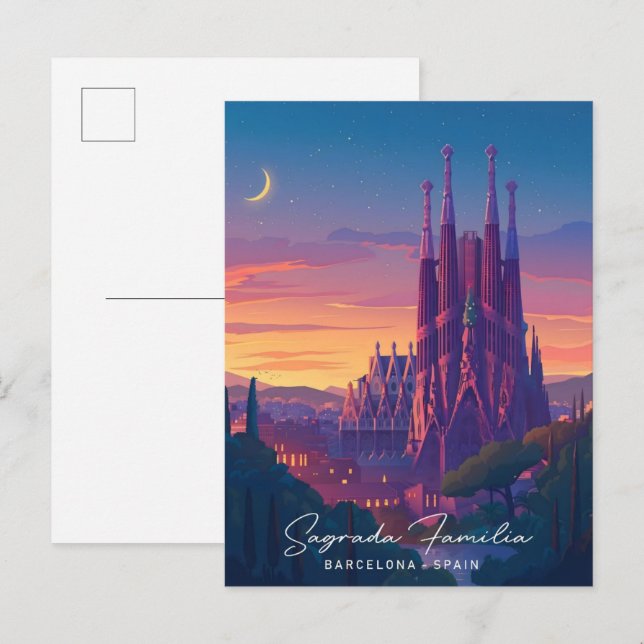 Carte Postale Nuit en Sagrada Familia Barcelone Espagne Voyage (Devant / Derrière)
