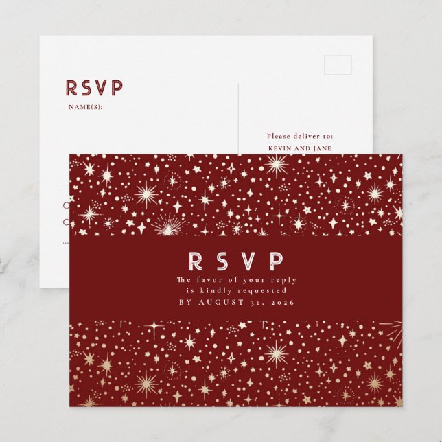 Carte Postale Nuit étoile Bourgogne Rouge et Or Mariage RSVP (Devant / Derrière)