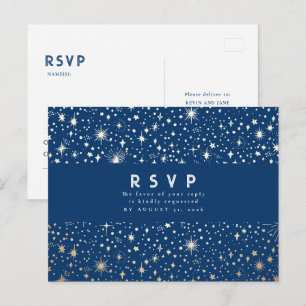 Carte Postale Nuit étoile Marine bleu et mariage or RSVP