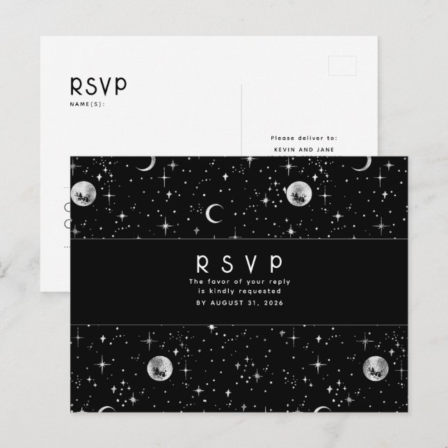 Carte Postale Nuit étoile Noir et Argent Mariage RSVP (Devant / Derrière)