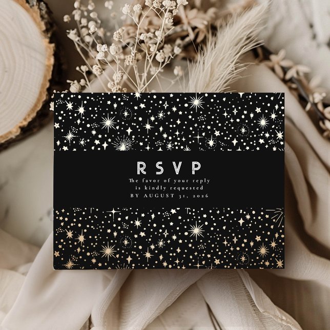 Carte Postale Nuit étoile Noir et Or Mariage RSVP (RSVP celestial night sky black postcard)
