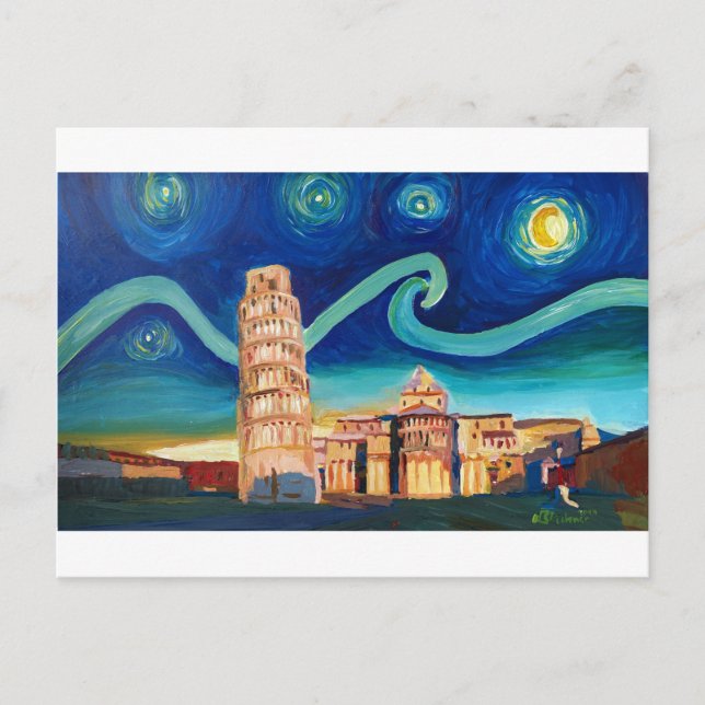 Carte Postale Nuit étoilée à Pise avec tour penchée (Devant)