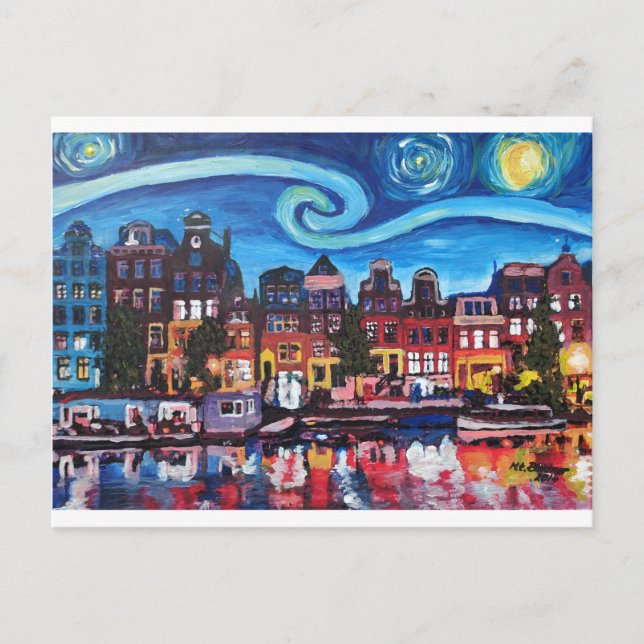 Carte Postale Nuit étoilée sur le canal d'Amsterdam (Devant)