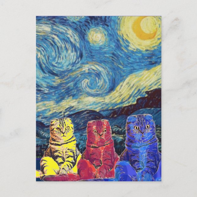 Carte Postale Nuit étoilée, Van Gogh, Parodie d'art des chats (Devant)