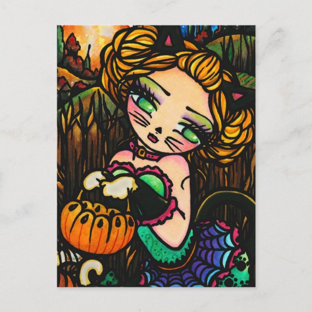 Carte Postale Nuit Lune Halloween Kitty Chat Fille Imaginaire Ar (Devant)