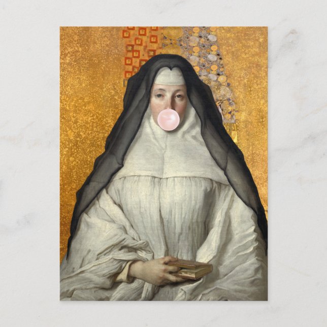 Carte Postale Nun souffler une gomme à bulle rose (Devant)