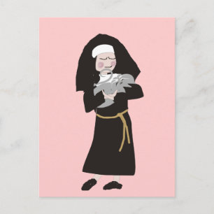 Carte Postale Nun tenant des cadeaux de chats gris