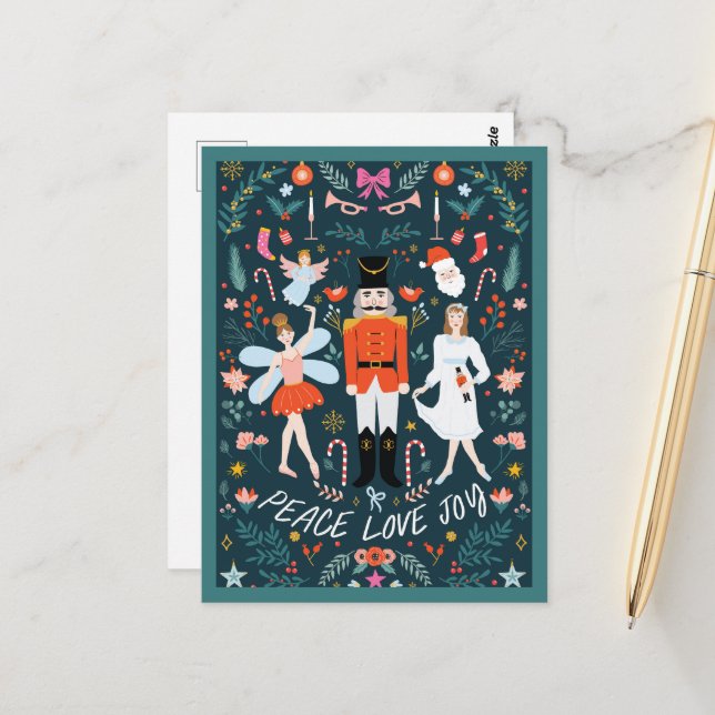 Carte Postale Nutcracker Peace Love Joy Christmas Postcard (Devant/Arrière en situation)