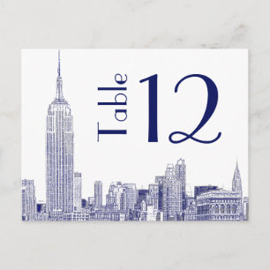 Carte Postale NYC Skyline 01 Etched Table Number Card Bleu