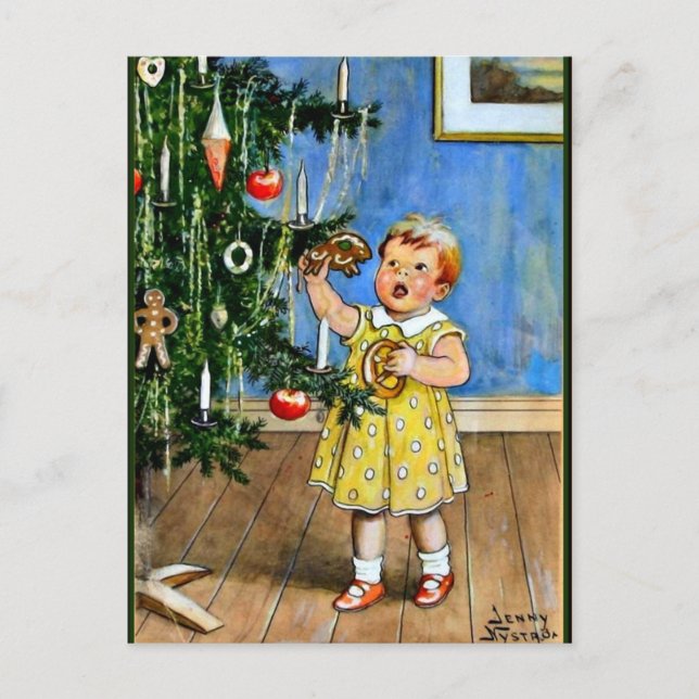 Carte Postale Nystrom - Fille près du sapin de Noël, vintage (Devant)